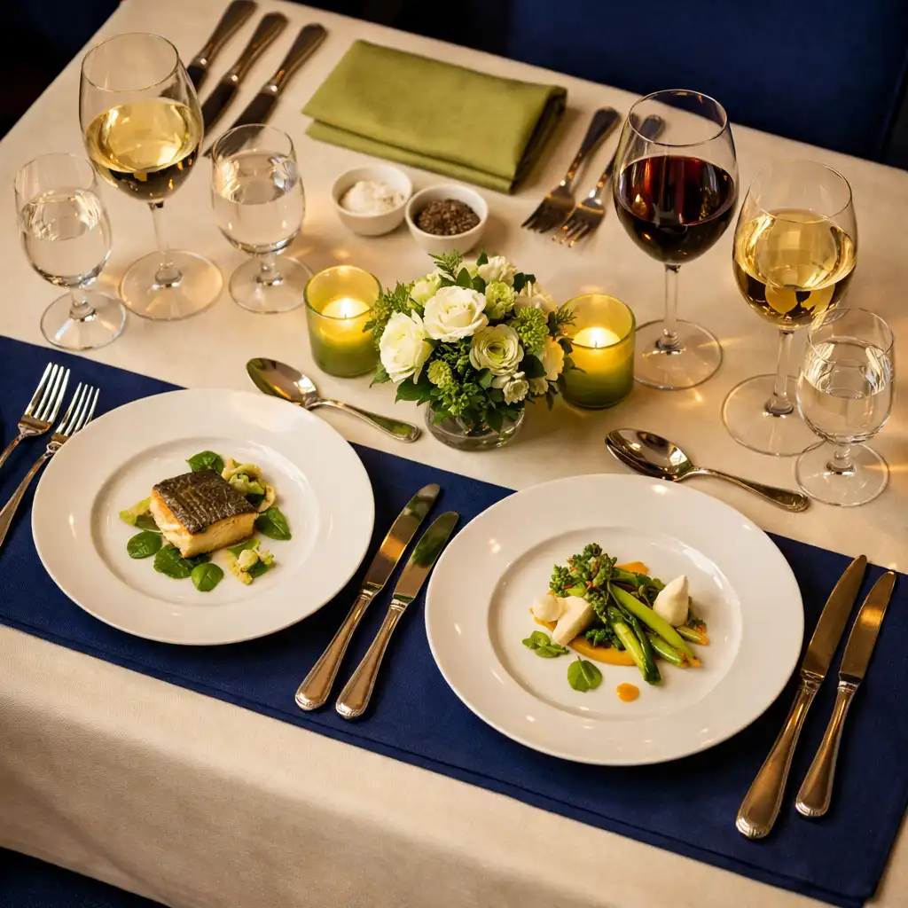 Table élégamment dressée dans le restaurant gastronomique de l'Escale des Saveurs