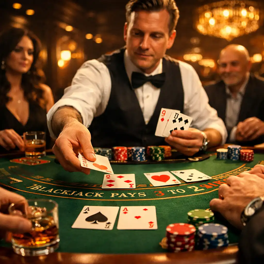 Table de blackjack en action avec un croupier distribuant des cartes et des joueurs attentifs