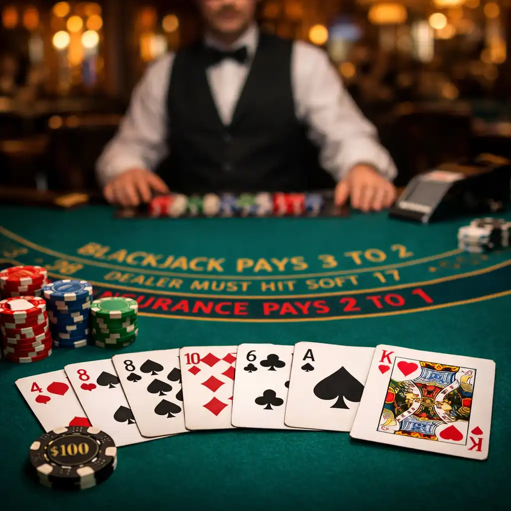 Table de blackjack physique avec cartes étalées, feutre et jetons