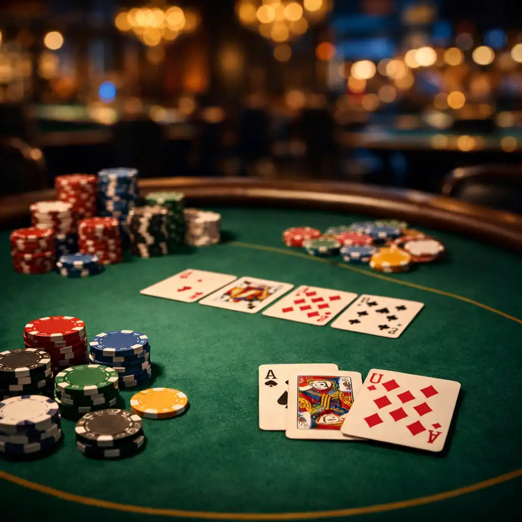 Table de poker physique avec feutre vert, cartes et jetons