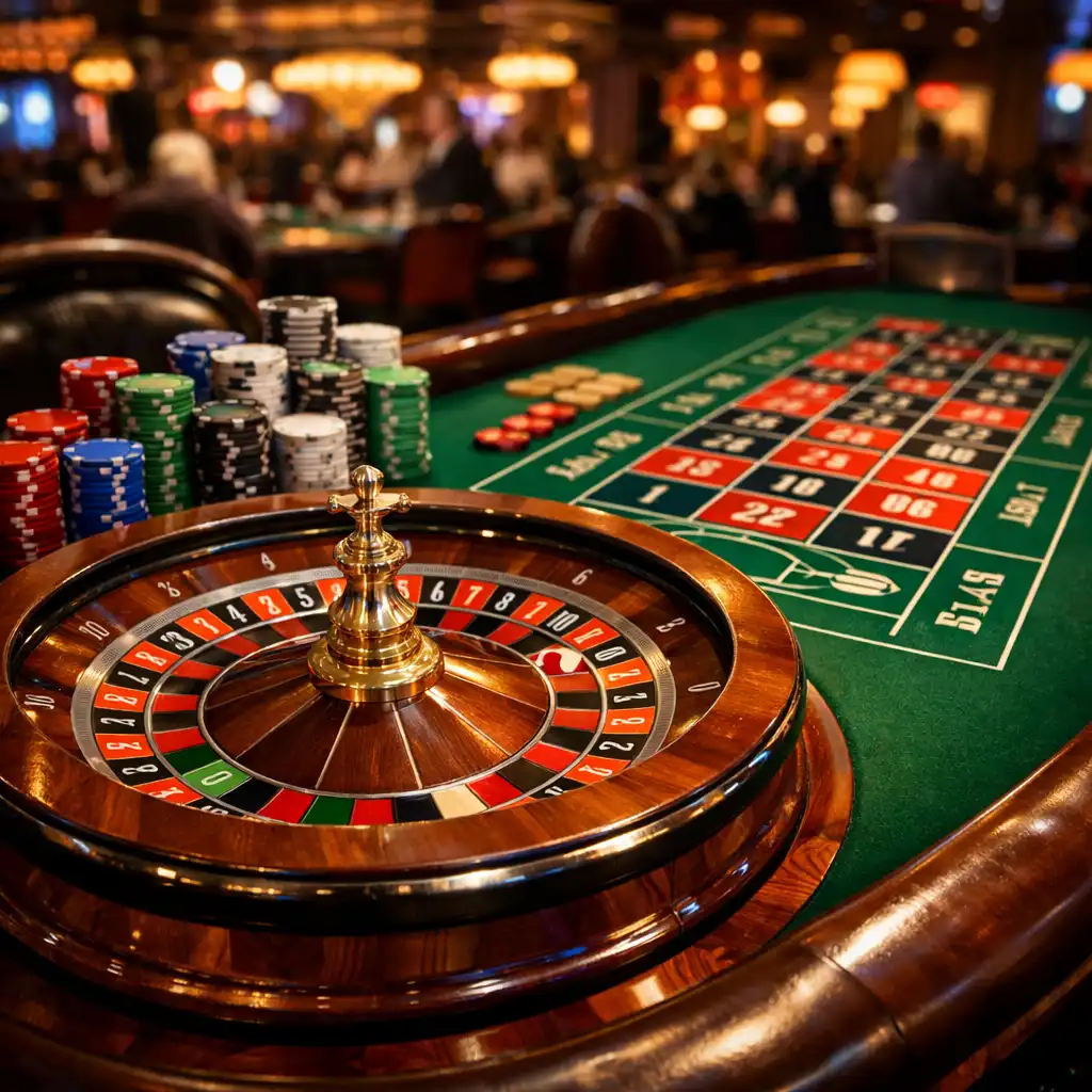 Table de roulette physique avec roue en bois et métal, tapis vert et rouge et jetons