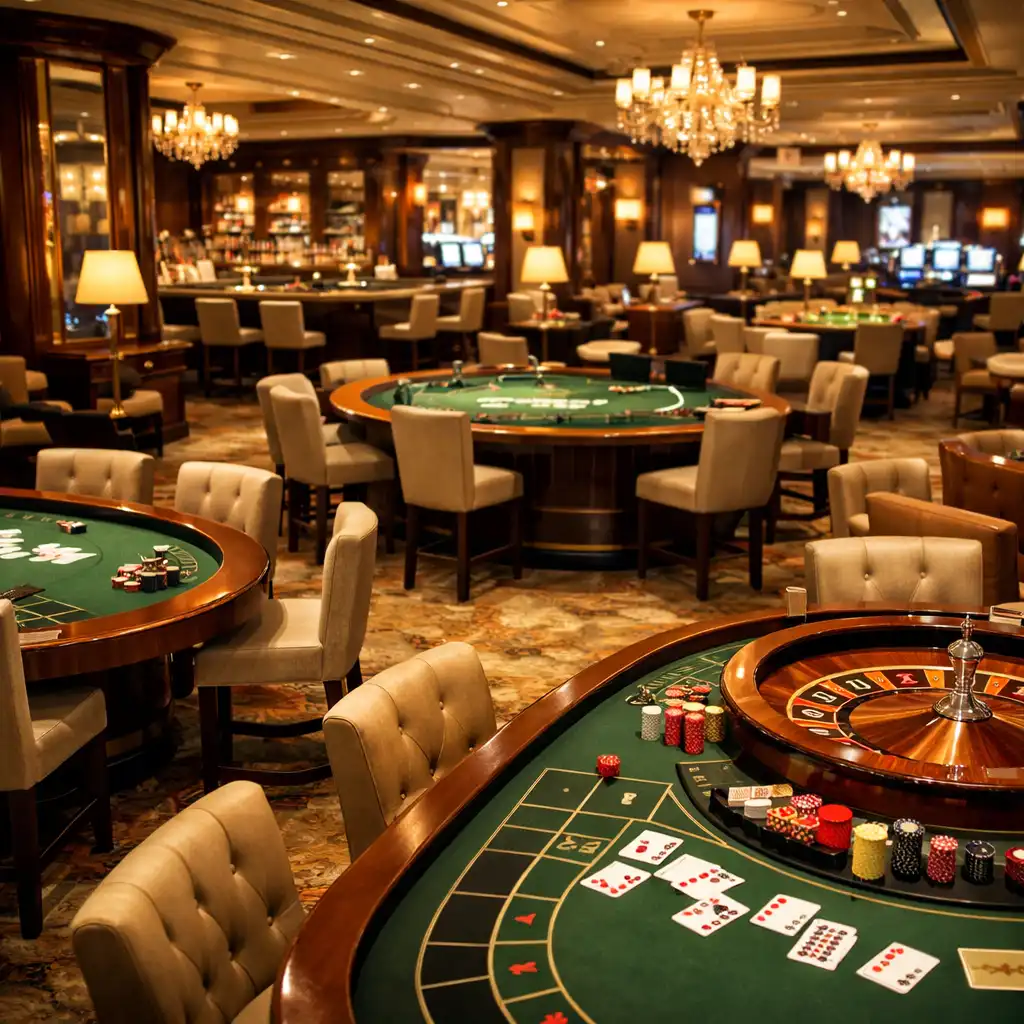 Vue d'ensemble de l'espace casino avec plusieurs tables de jeu, fauteuils confortables et éclairage d'ambiance