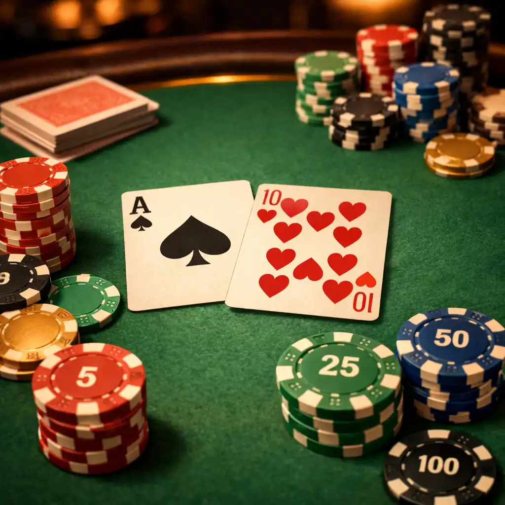 Table de poker élégante avec cartes, jetons colorés et tapis vert sous un éclairage tamisé
