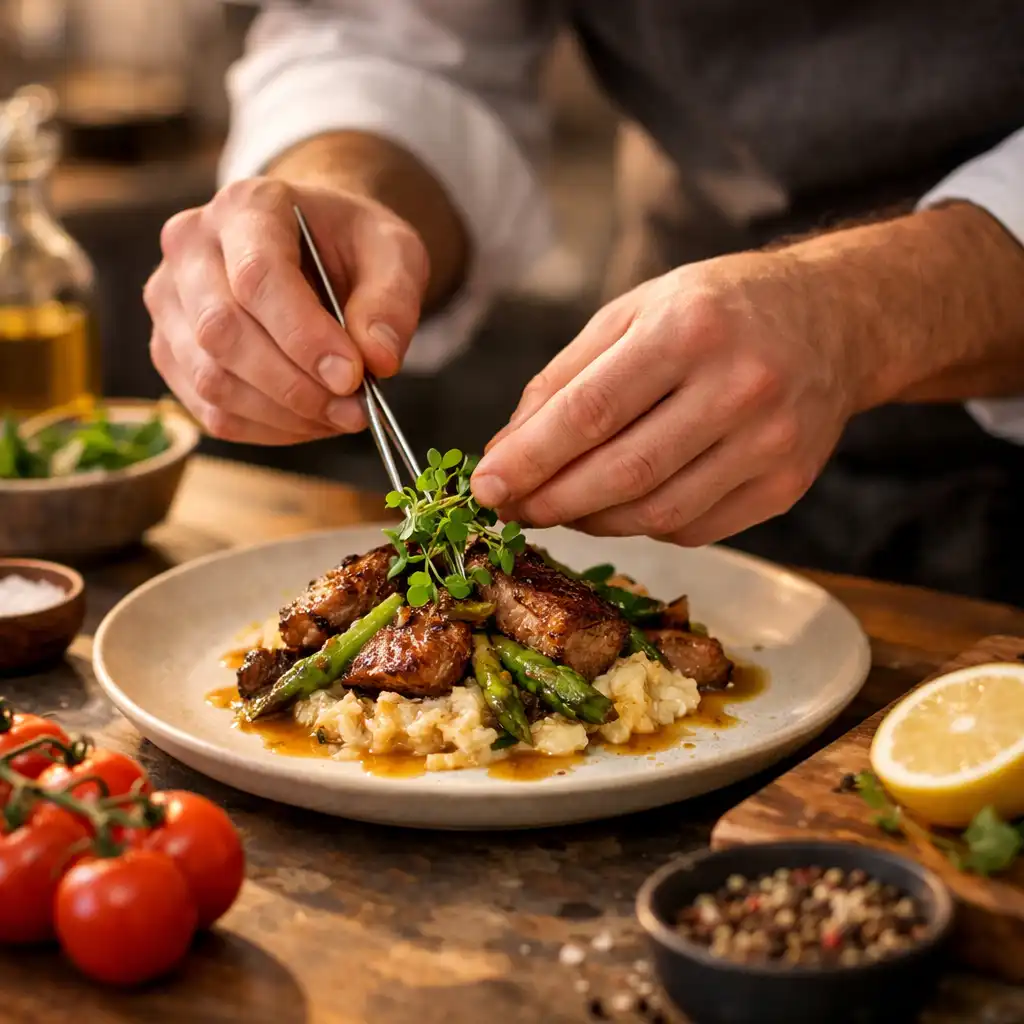 Chef préparant un plat raffiné dans la cuisine d’Escale des Saveurs