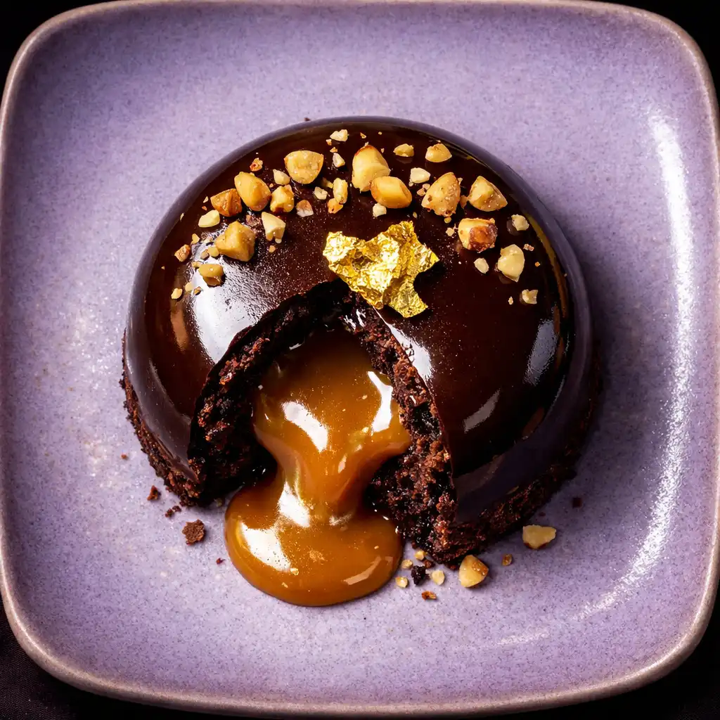 Entremets au chocolat grand cru, cœur coulant caramel et éclats de noisettes