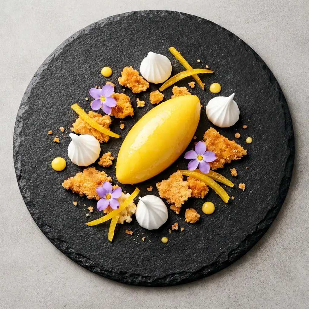 Tarte au citron déstructurée avec crème au citron, sablé croustillant et meringue légère