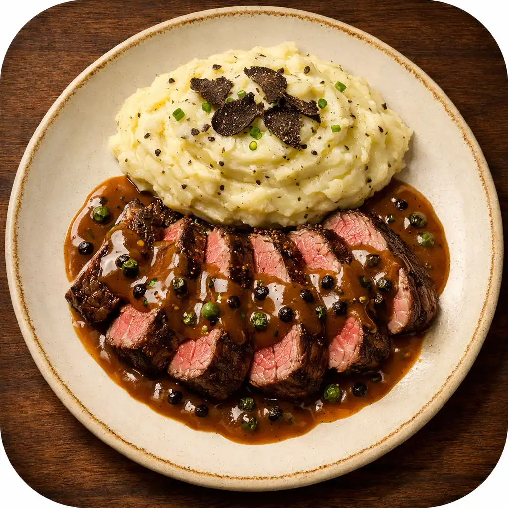 Filet de bœuf rôti tranché, nappé de sauce au poivre, accompagné d'une purée à la truffe
