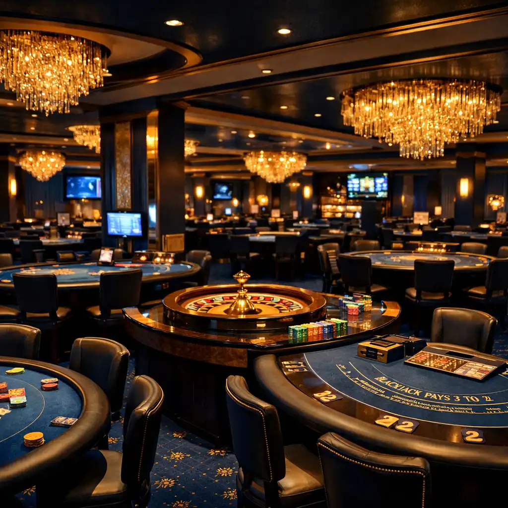 Espace casino avec tables de poker, roulette et blackjack en arrière-plan