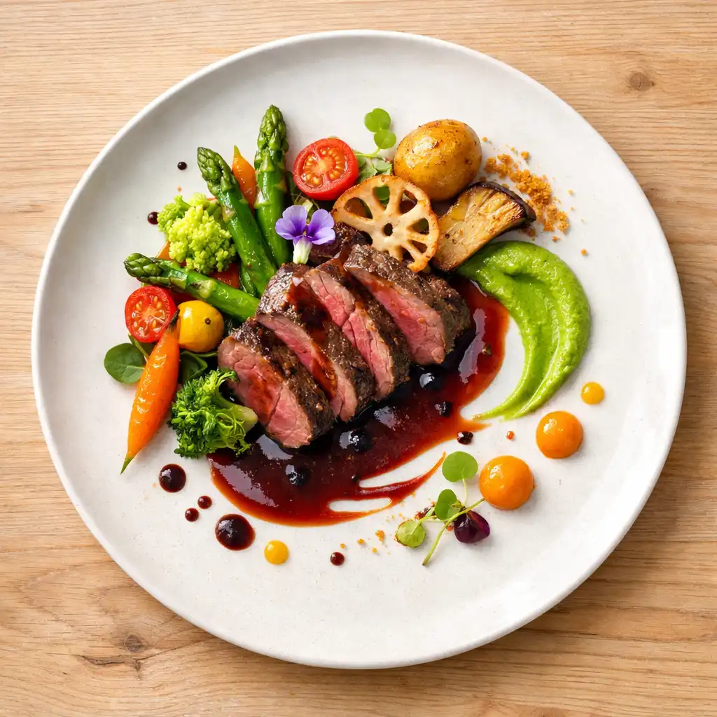 Assiette gastronomique vue de dessus avec viande, légumes et sauce