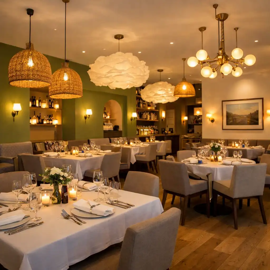Vue d’ensemble du restaurant avec tables dressées et luminaires design