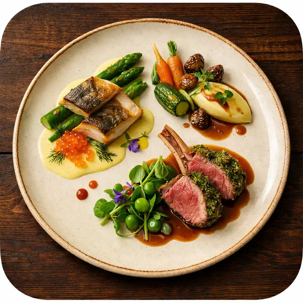 Plat gastronomique français vu de dessus