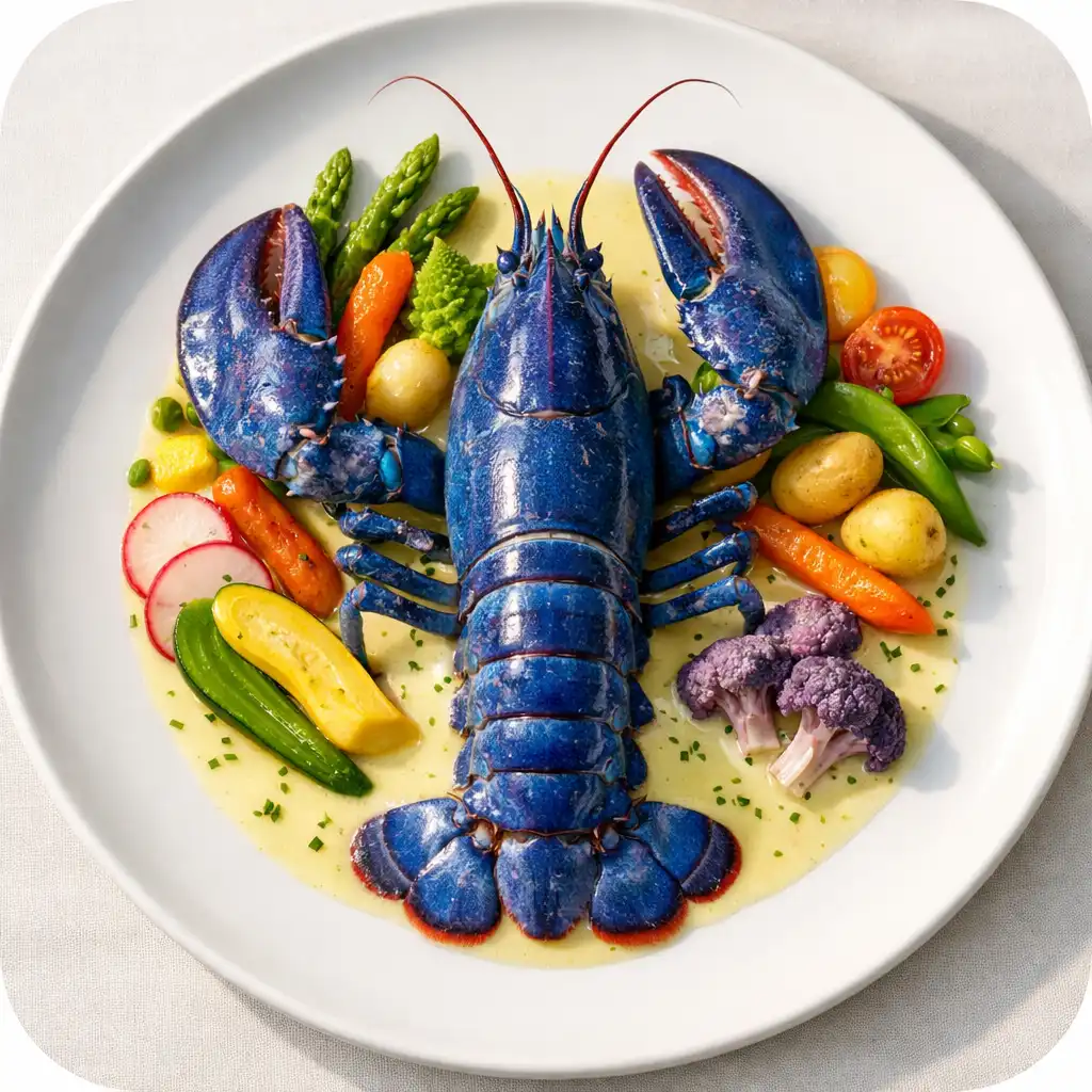 Homard bleu poché, servi avec un beurre blanc au citron et des légumes de saison