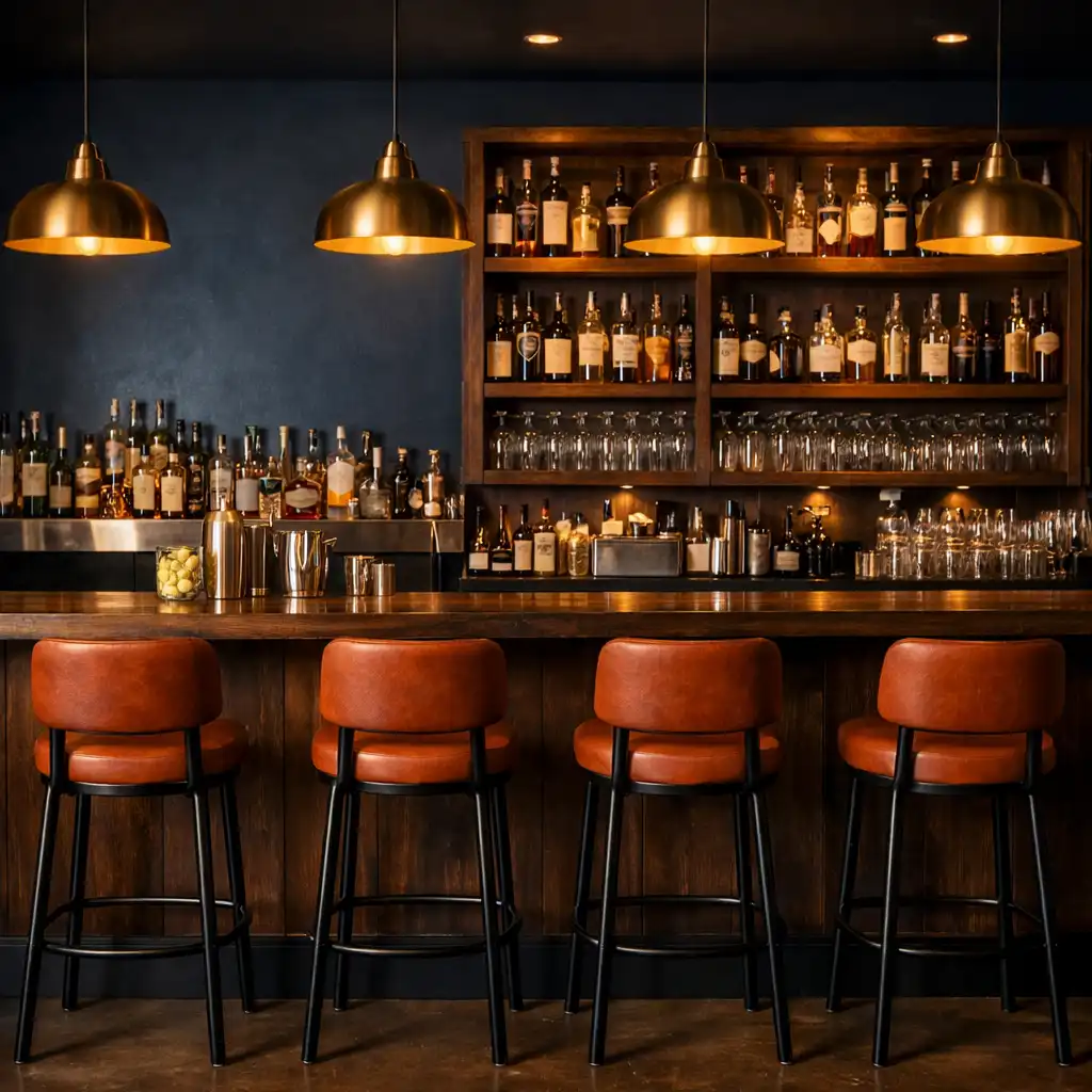 Bar avec comptoir en bois sombre, tabourets hauts et suspensions en laiton