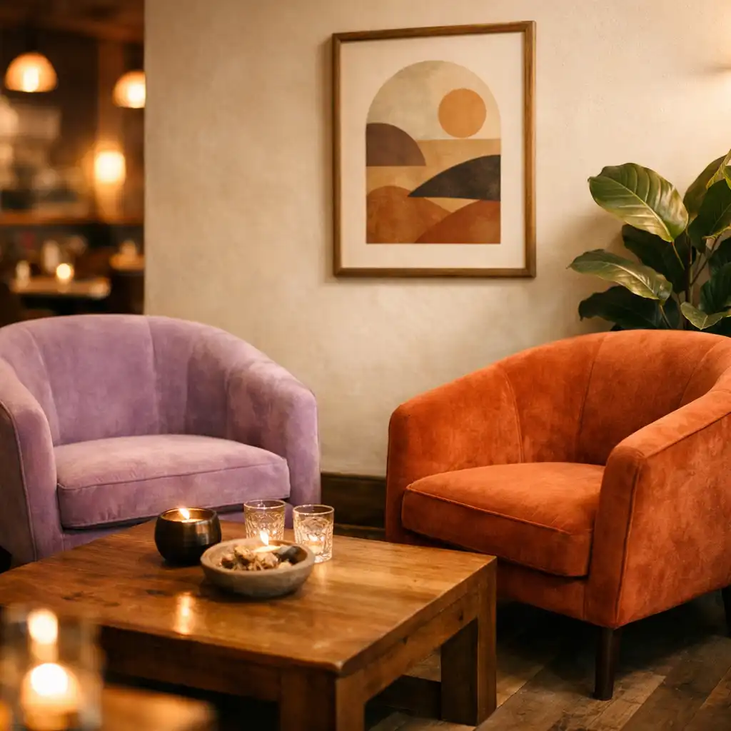 Coin salon avec fauteuils en velours lilas et terre cuite et table basse en bois