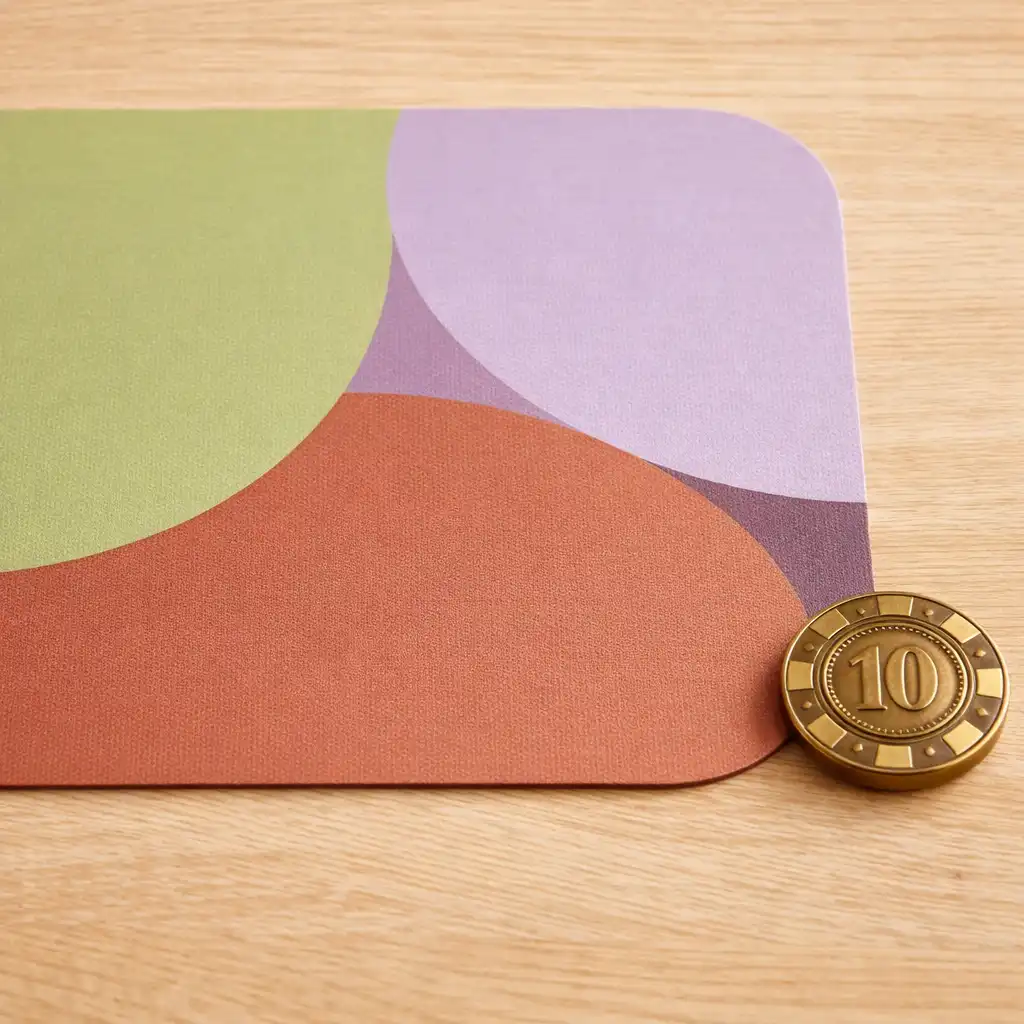 Détail décoratif : set de table arrondi aux couleurs du design et petit objet en laiton évoquant un jeton de casino