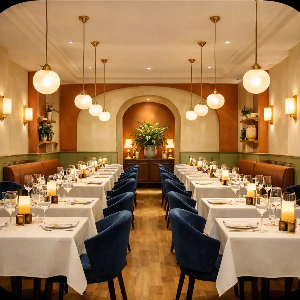 Vue de la salle principale du restaurant avec tables en bois clair, chaises en velours bleu nuit et luminaires en laiton