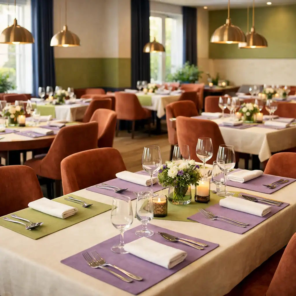 Vue d'ensemble de la salle principale d'Escale des Saveurs avec des tables dressées et une lumière chaleureuse