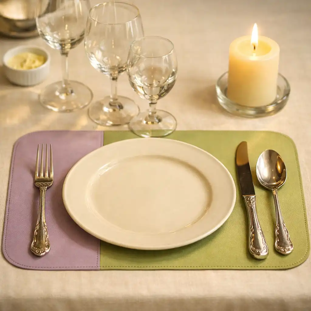 Table dressée avec assiettes en céramique crème, couverts en argent et set de table aux couleurs du design