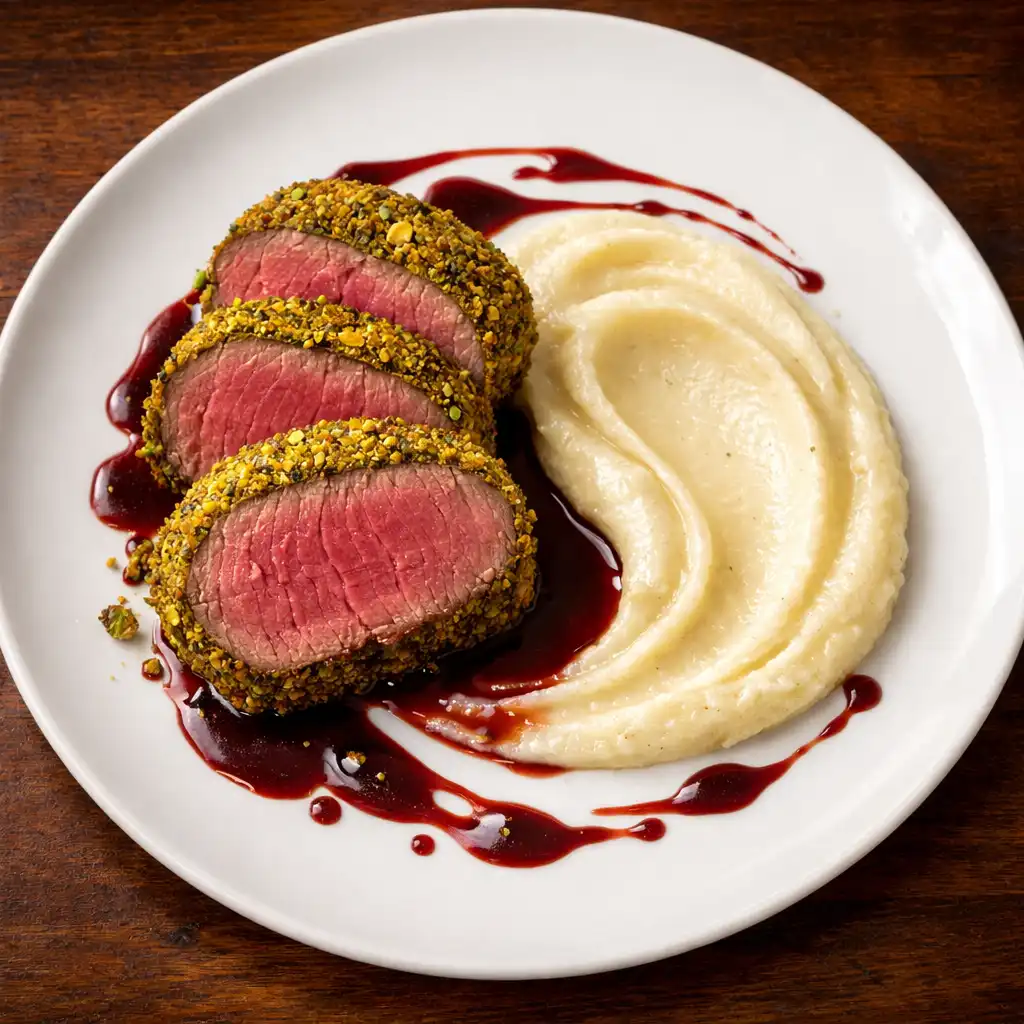 Filet de bœuf en croûte de pistache, tranché et accompagné d'une purée de céleri-rave et d'une sauce au vin rouge