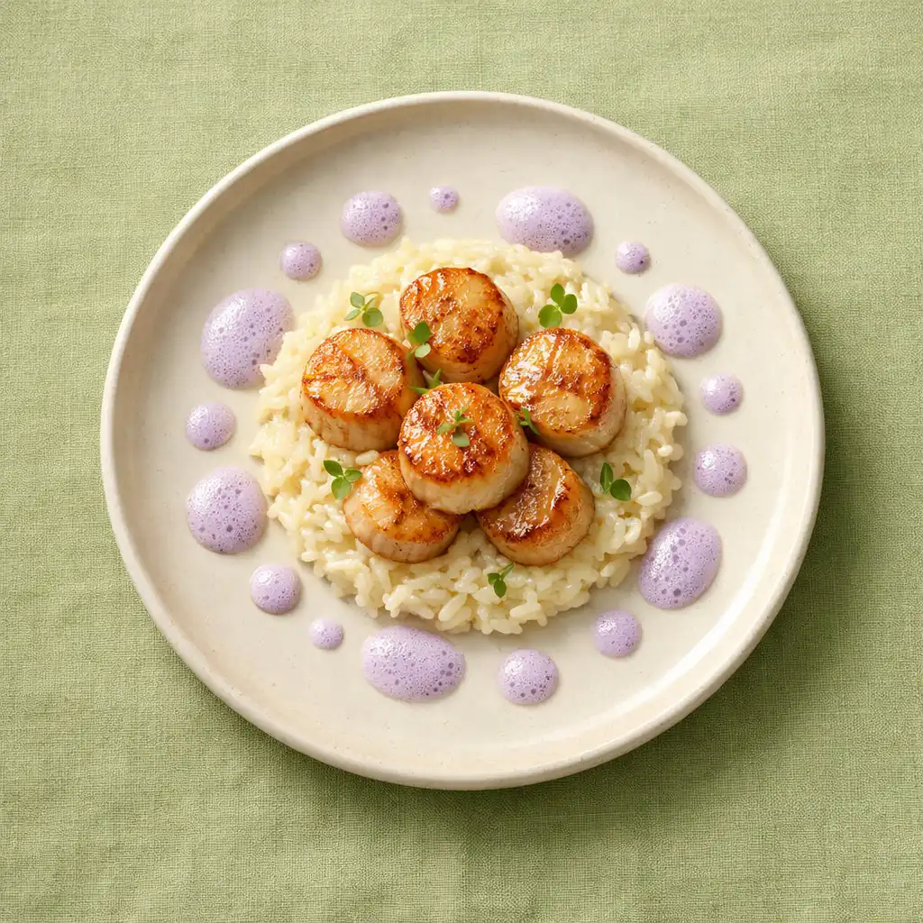 Noix de Saint-Jacques rôties sur risotto crémeux avec une émulsion florale au lilas