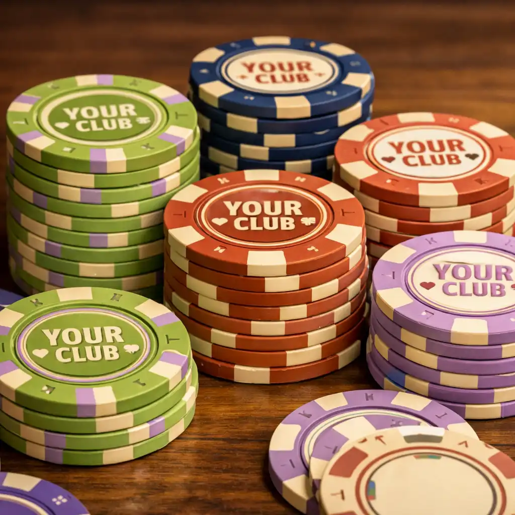 Gros plan sur des jetons de poker personnalisés aux couleurs pistache, bleu nuit, terre cuite, crème et lilas