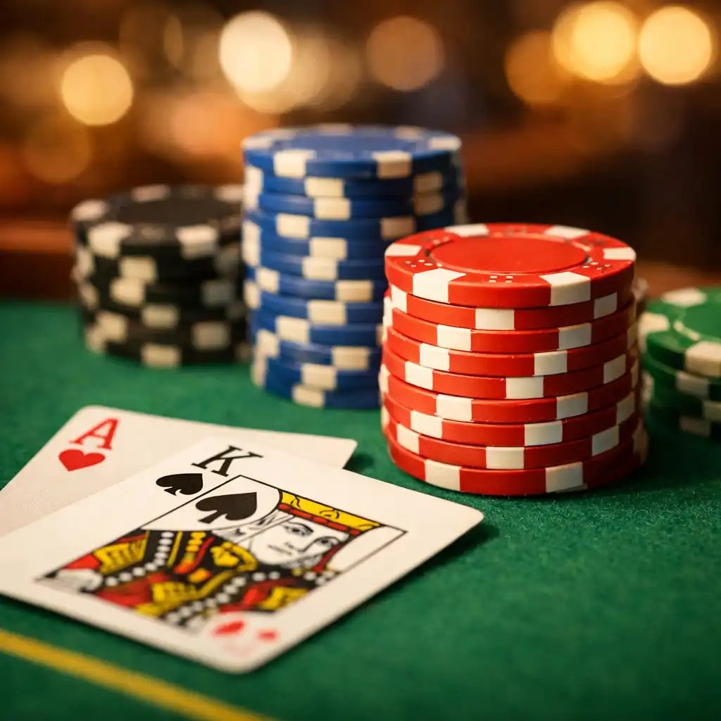 Gros plan sur le bord d'une table de poker avec feutre vert, cartes à jouer et jetons empilés