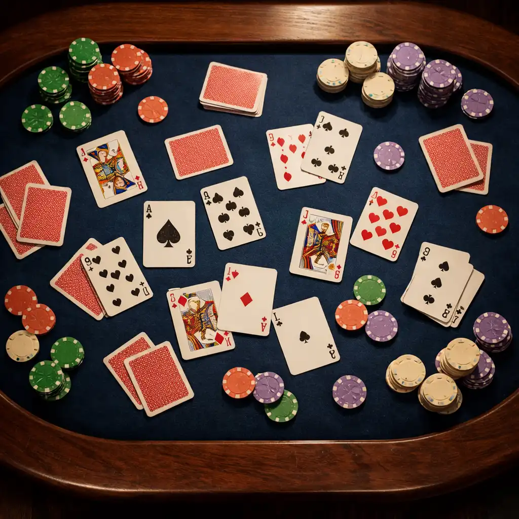 Vue de dessus d'une table de poker ovale avec cartes et jetons aux couleurs pistache, terre cuite, crème et lilas
