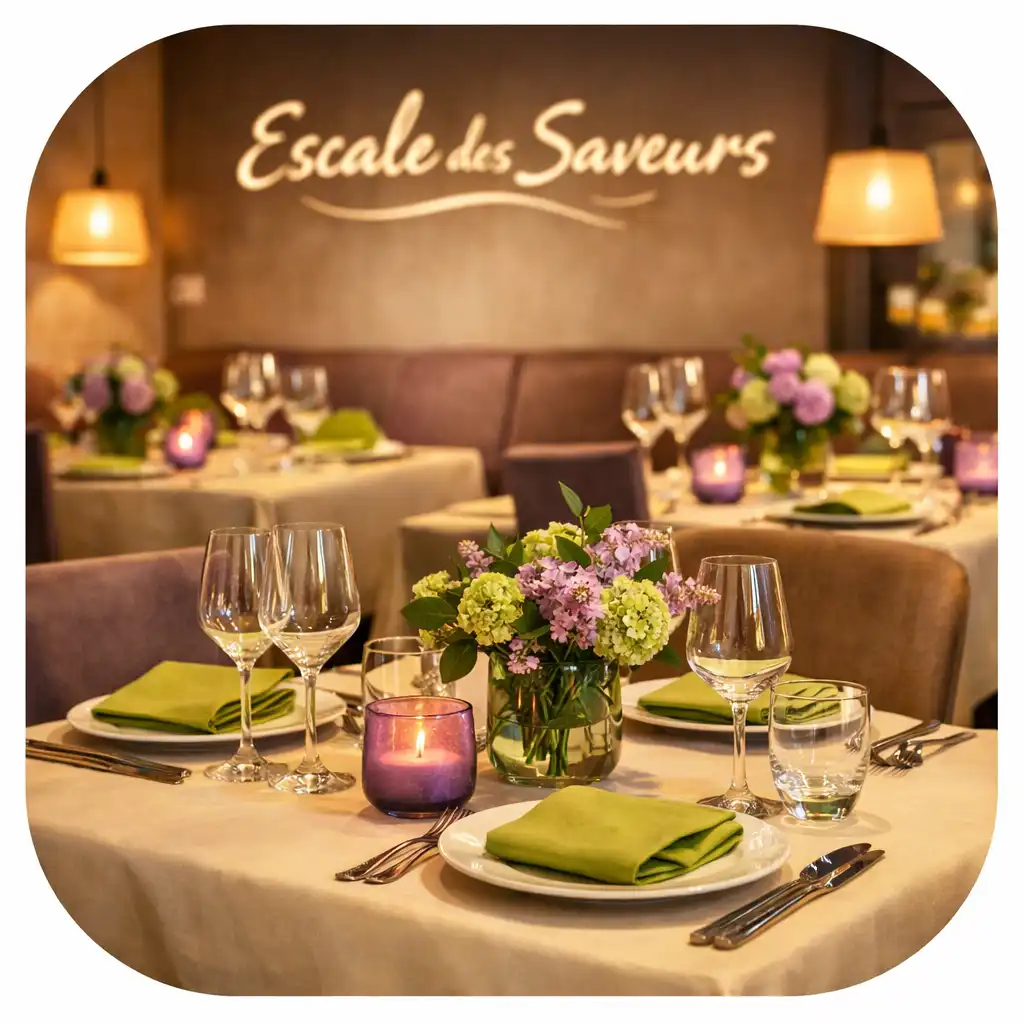 Salle du restaurant Escale des Saveurs avec tables dressées et lumière tamisée