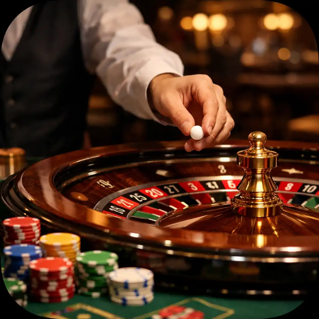 Main d'un croupier lançant la bille sur une roulette