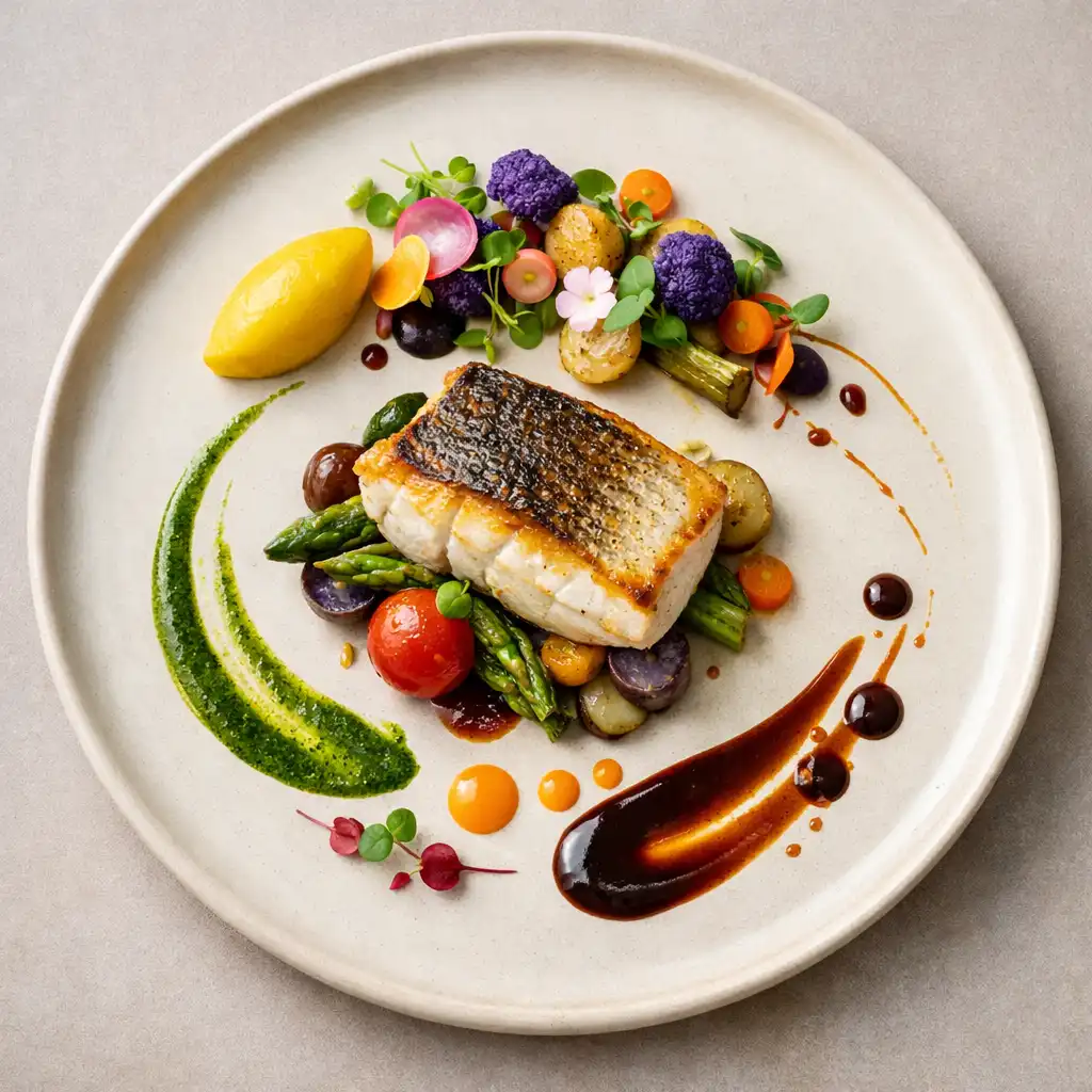 Plat signature du chef avec viande, légumes colorés et sauce artistiquement disposée