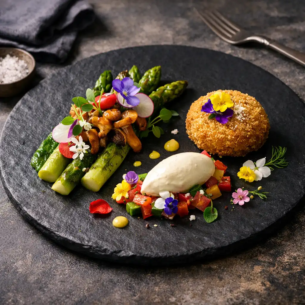 Deuxième plat signature du chef avec dessert élégant ou plat végétarien et fleurs comestibles