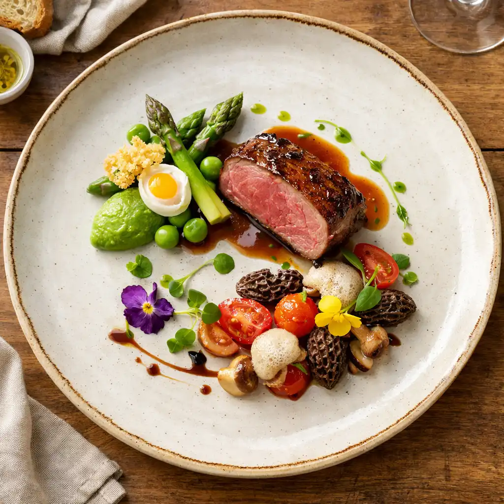 Plat signature du restaurant gastronomique présenté sur une assiette en céramique crème
